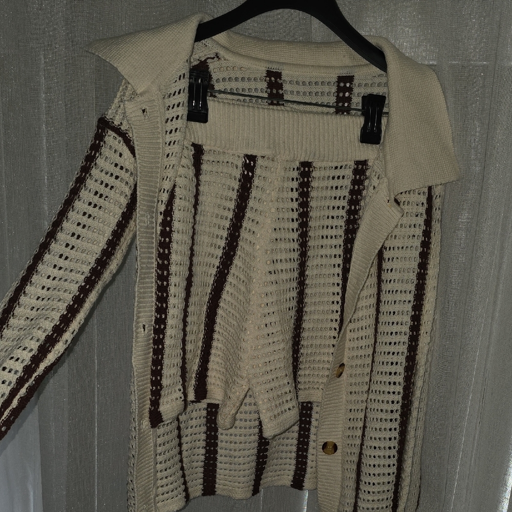 Striped Beige and Brown Women's Knitted Sweater With Shorts